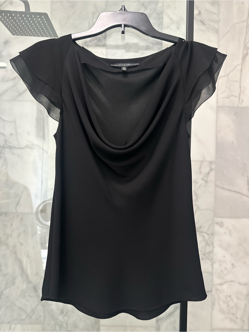 White House Black Market Black Drape Neck Flutter Sleeve Blouse